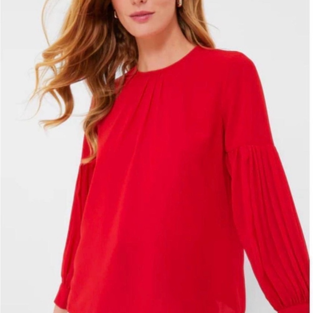 Tuckernuck Vibrant Red Pleated-Sleeve Blouse